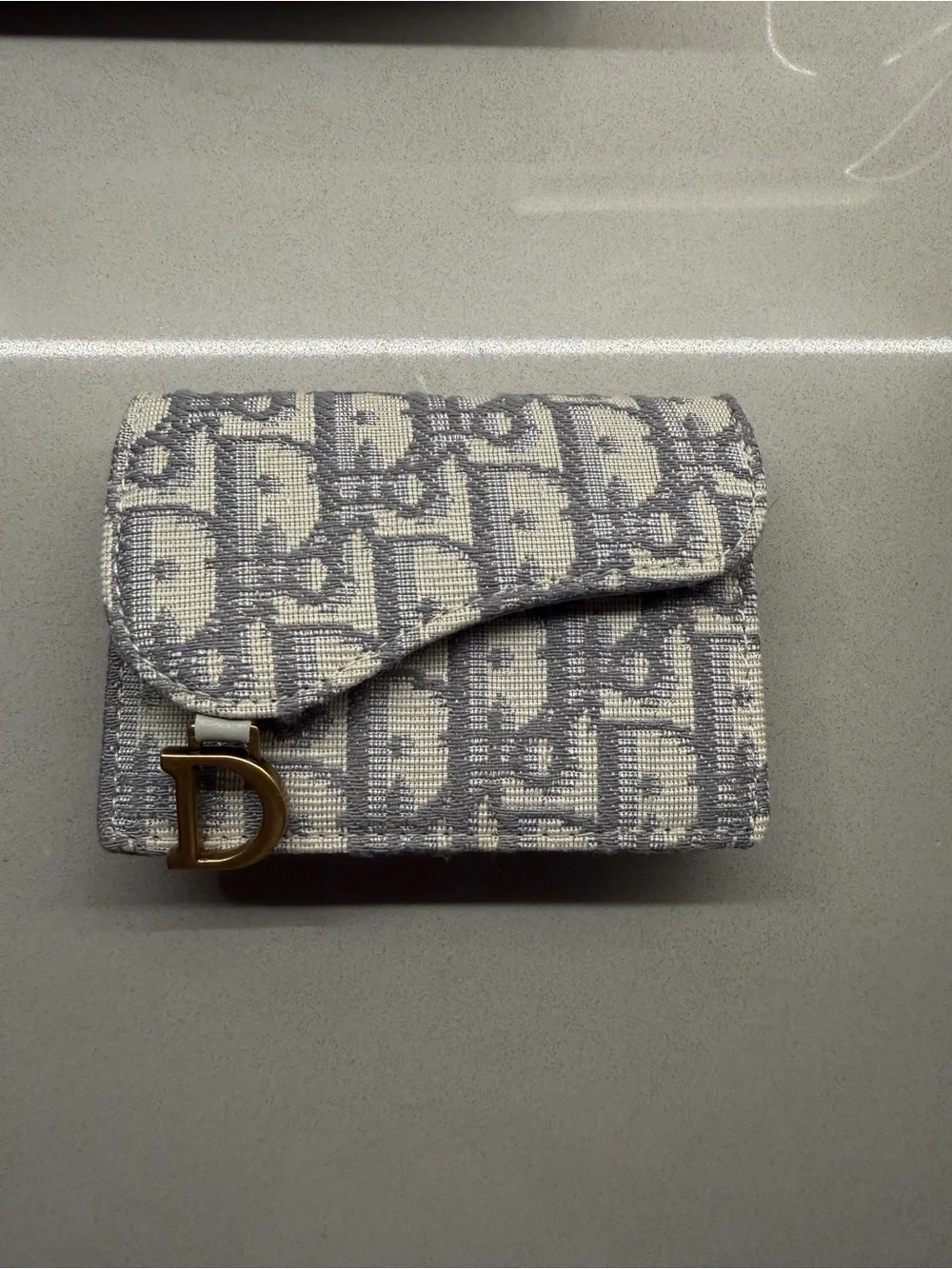 Dior Blue and Cream Saddle Card Holder with Gold 'D' Charm